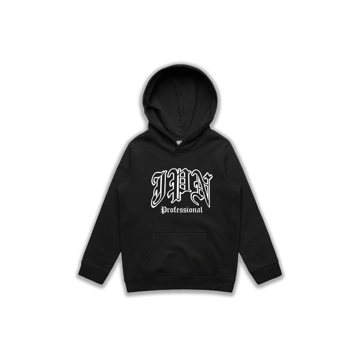 Kids Gothic Hoodie: white JPN Professional gothic logo on a black kids hoodie