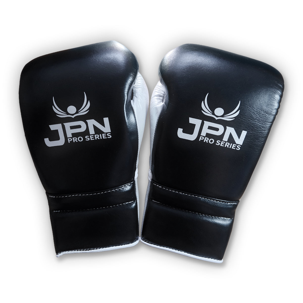 JPN Pro Series 16oz gloves, black and silver, palm and lacing detail