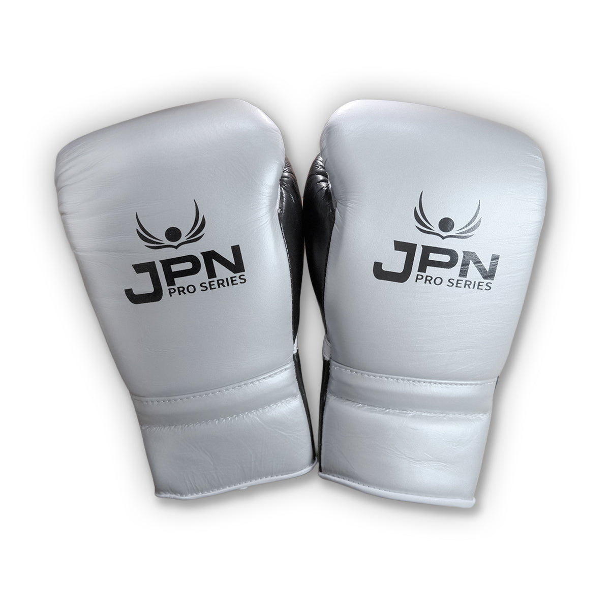 JPN Pro Series 16oz gloves, silver and black, palm and lacing detail