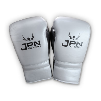JPN Pro Series 16oz gloves, silver and black, palm and lacing detail