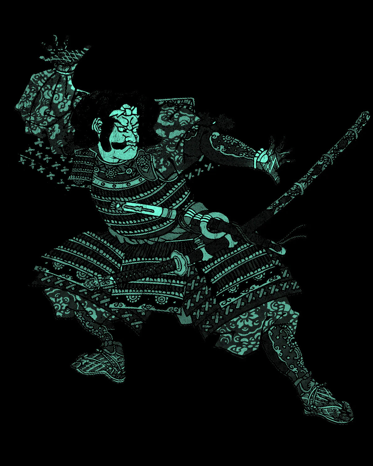 Tameshigiri Tee back print artwork in Aqua: armoured samurai in halftone
