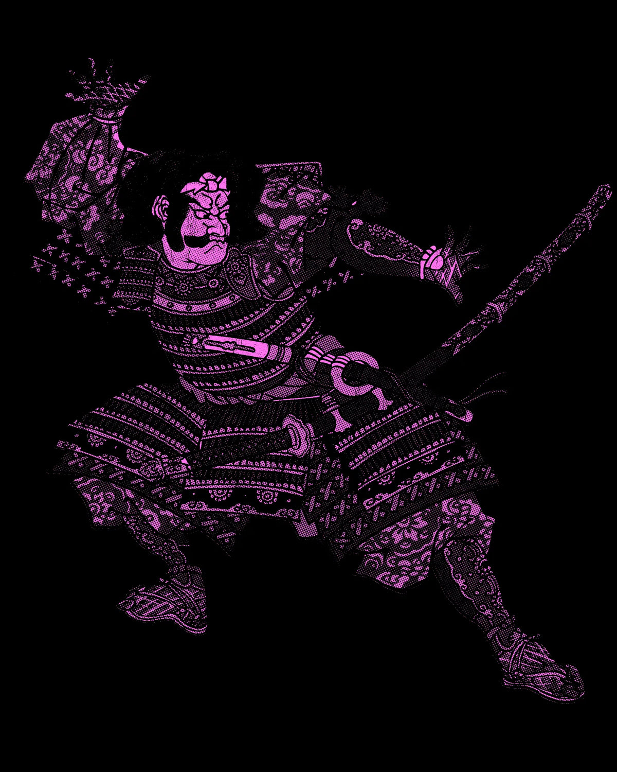 Tameshigiri Tee back print artwork in Purple: armoured samurai in halftone