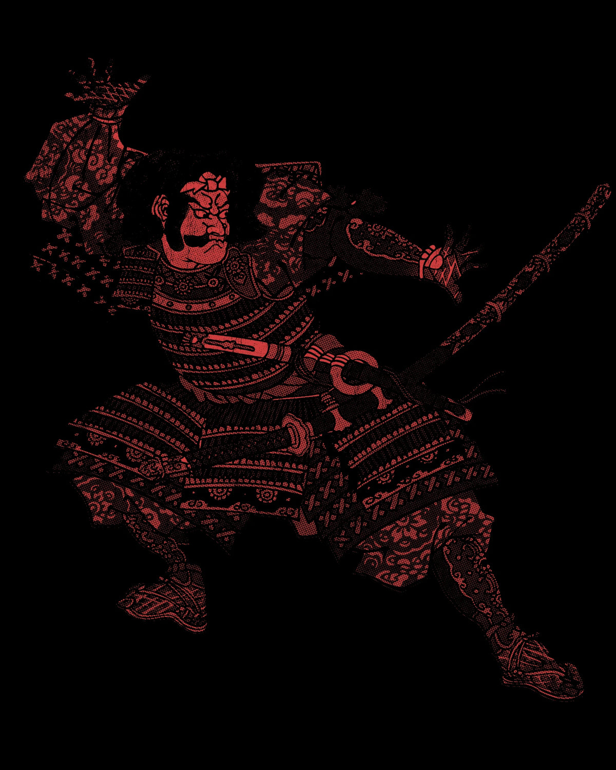 Tameshigiri Tee back print artwork in Blood Red: armoured samurai in halftone