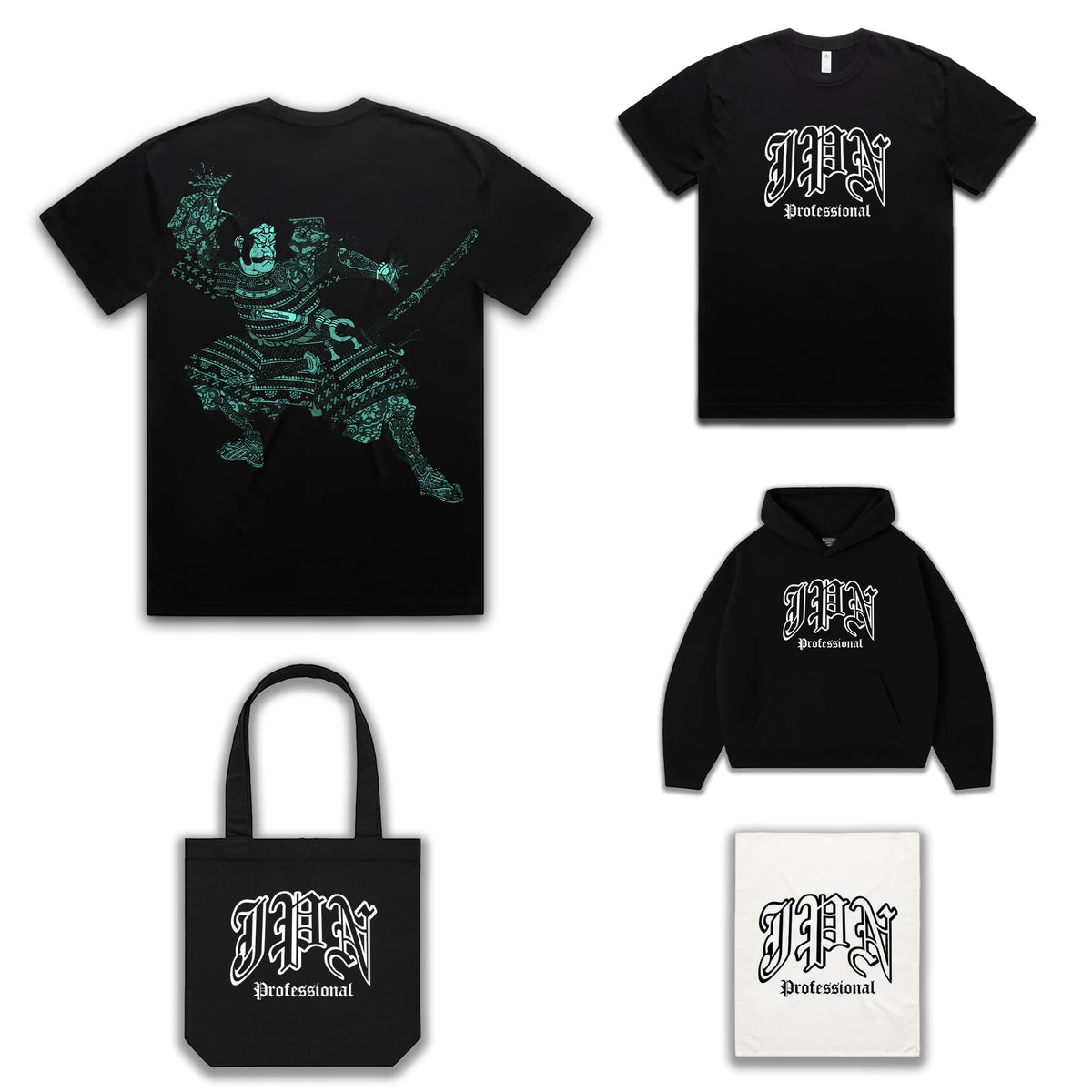 Tameshigiri Full Drop Bundle: Tameshigiri Tee (back and front), Gothic Oversized Hoodie, JPN Gothic Tote Bag and Gothic Tea Towel