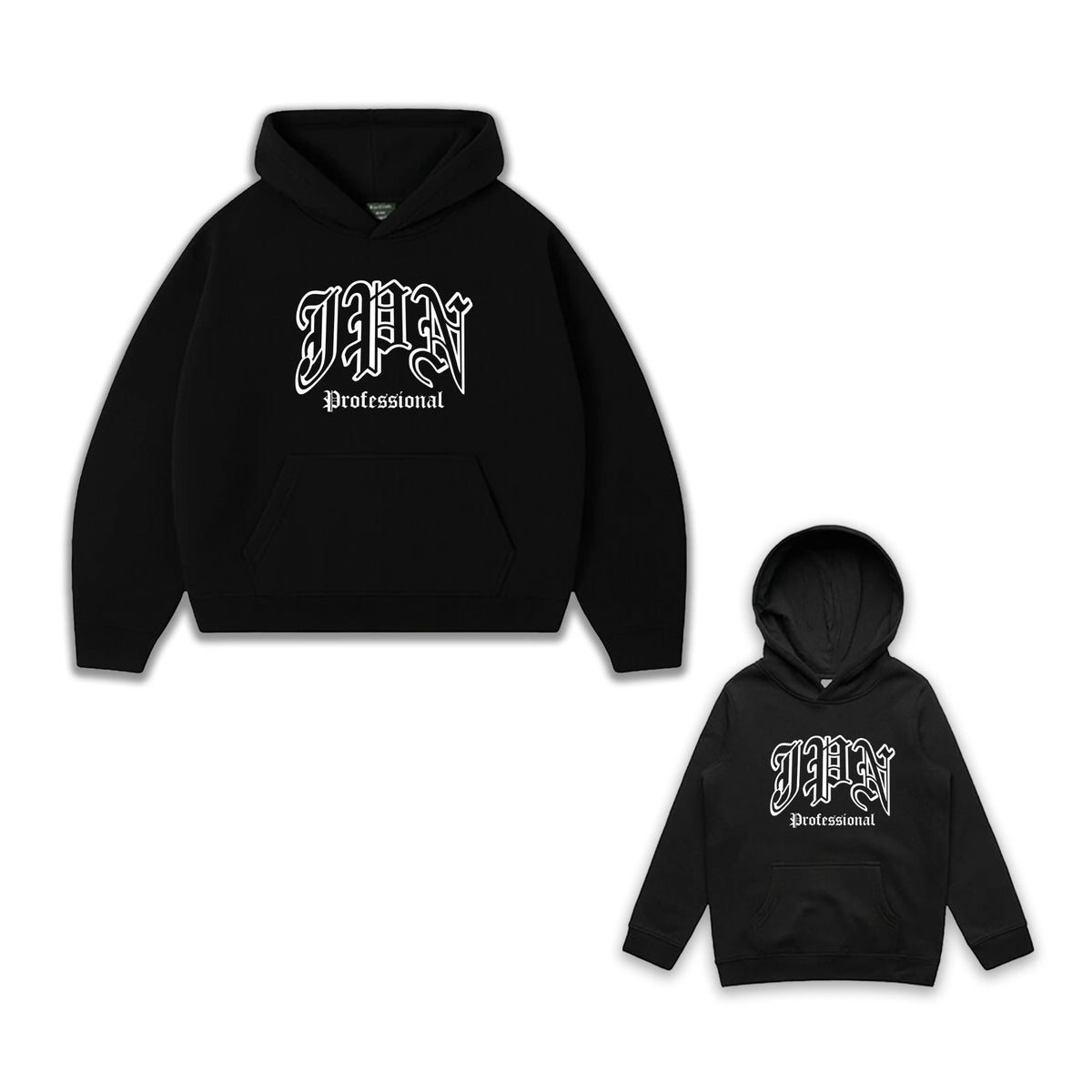 Matching Gothic Hoodie Set: adult Gothic Oversized Hoodie and Kids Gothic Hoodie with the white JPN Professional gothic logo