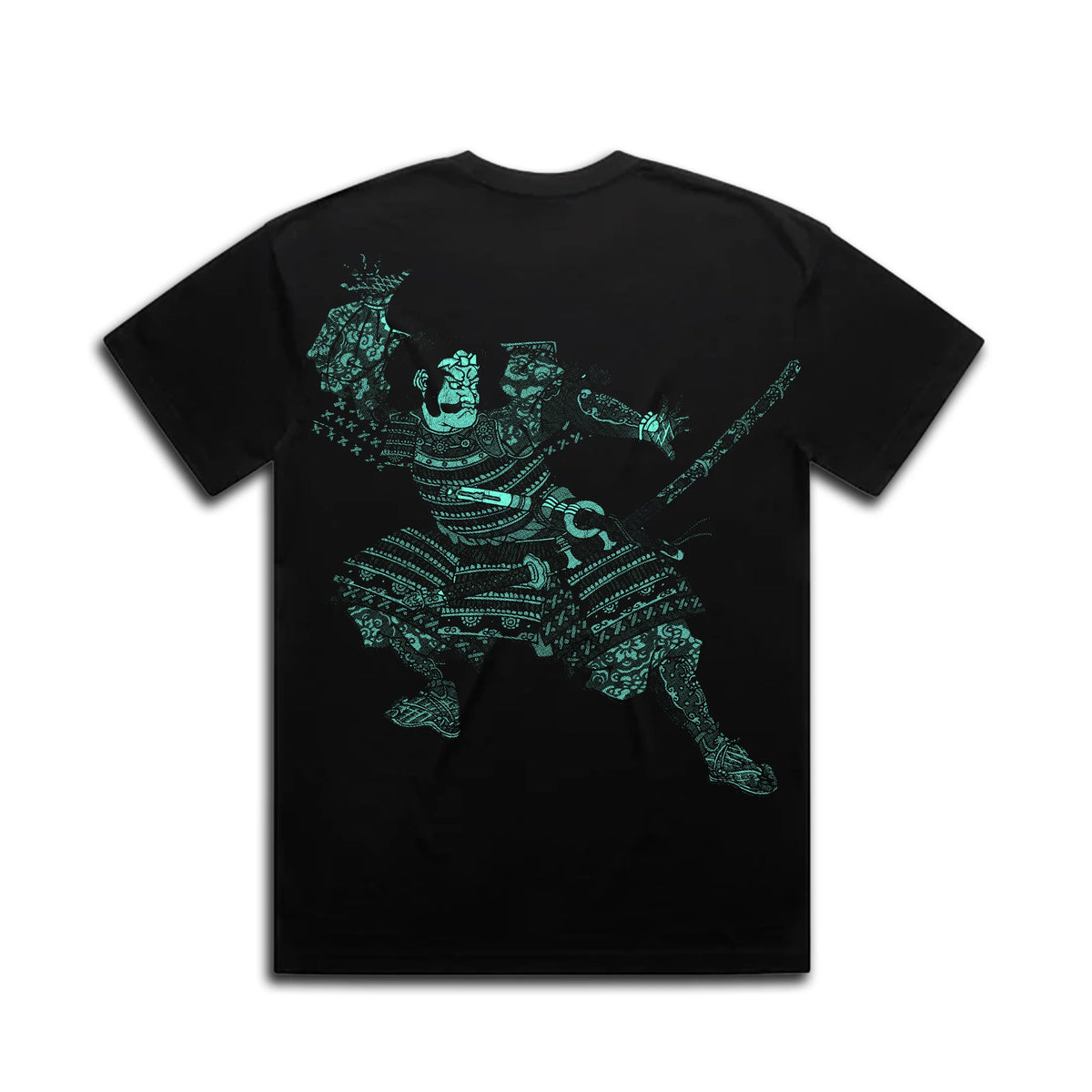 Tameshigiri Tee in Aqua: aqua halftone samurai print on the back of a black tee