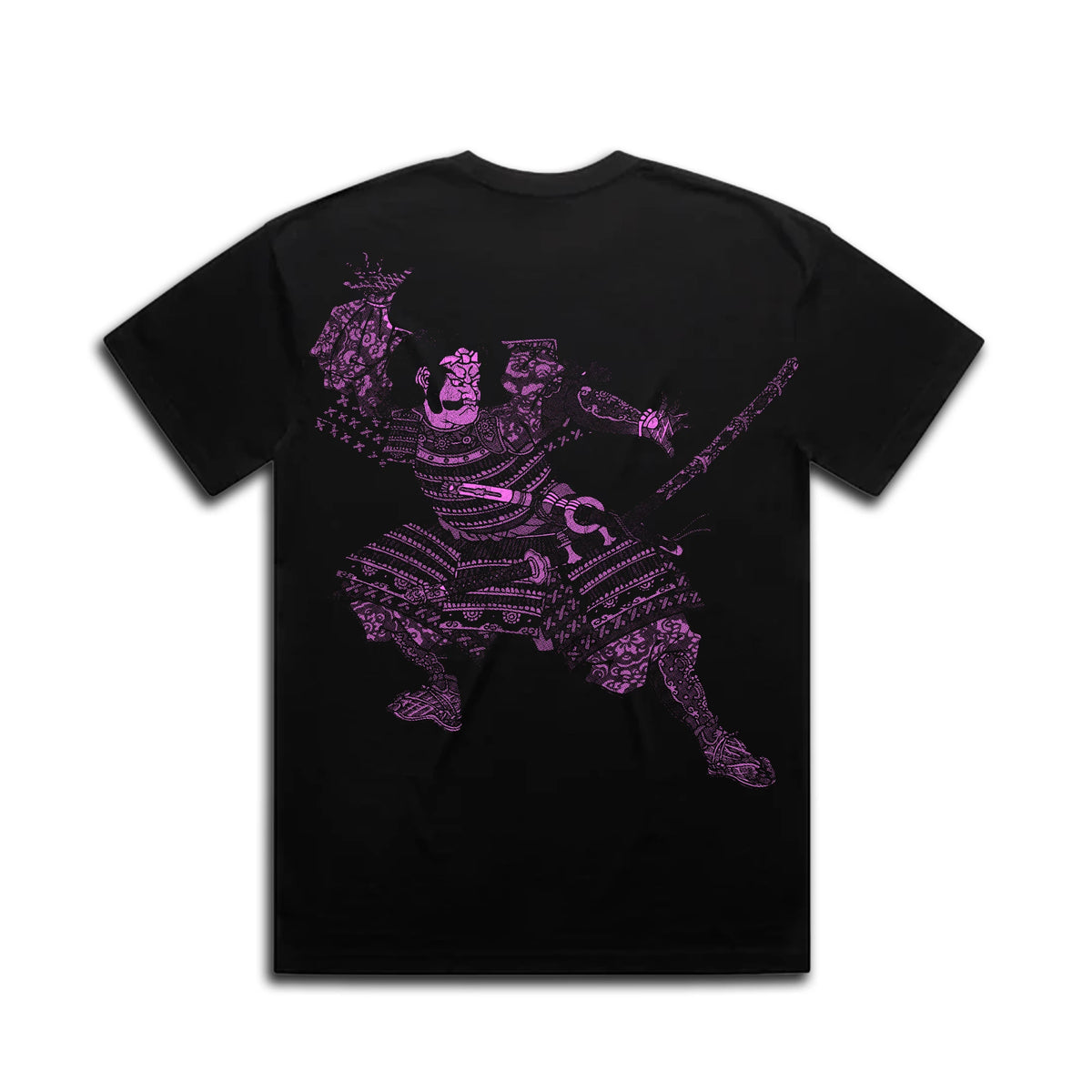 Tameshigiri Tee in Purple: purple halftone samurai print on the back of a black tee