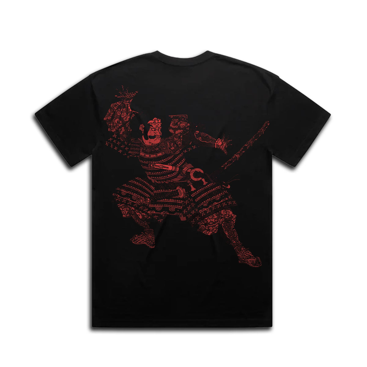 Tameshigiri Tee in Blood Red: red halftone samurai print on the back of a black tee
