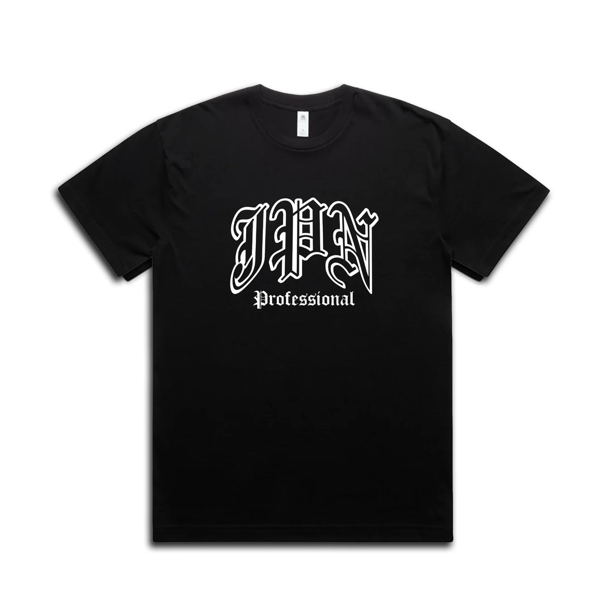 Tameshigiri Tee front: white JPN Professional gothic logo on a black tee